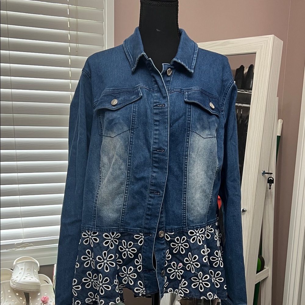 VENUS Blue Denim Jacket with White Floral Hem